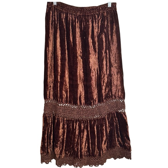 Y2K Crushed Velvet‎ Maxi Skirt M L Gypsy Fairy  Grunge Tiered Crochet Lace Boho - Picture 3 of 9